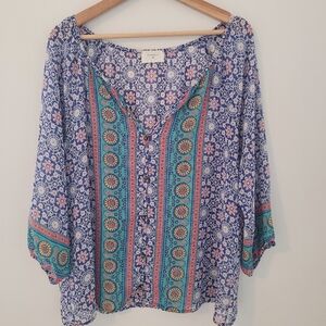 Everly Sheer Top Boho Flowy 3/4 sleeve Size large Multicolor